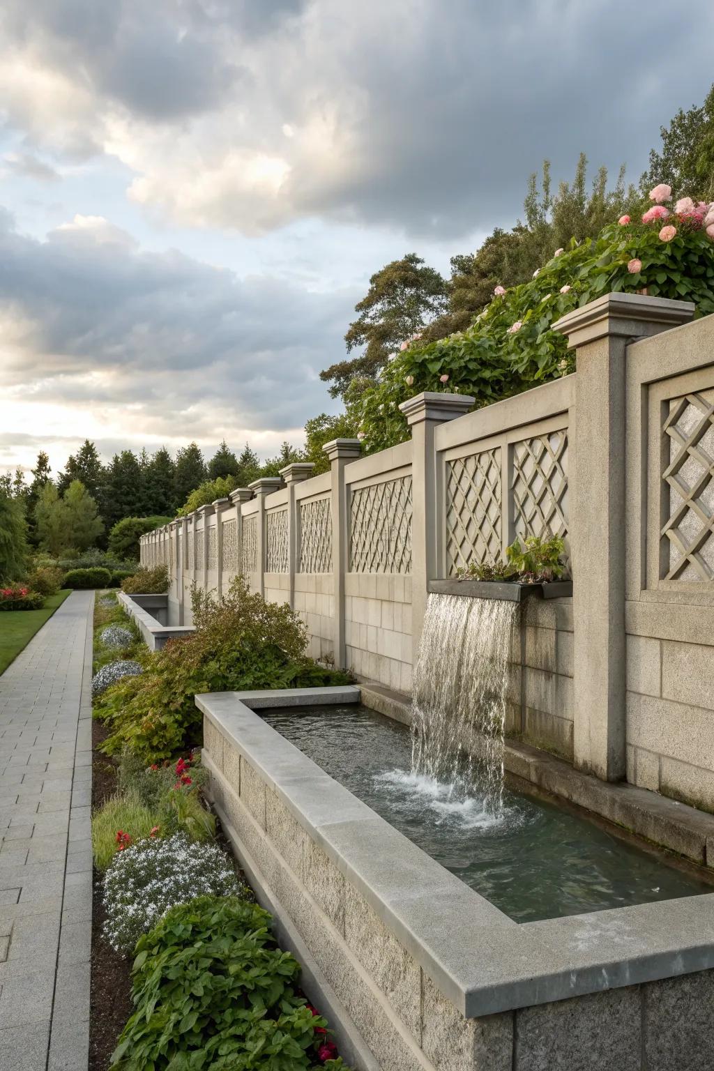 Water features add tranquility to this concrete fence.