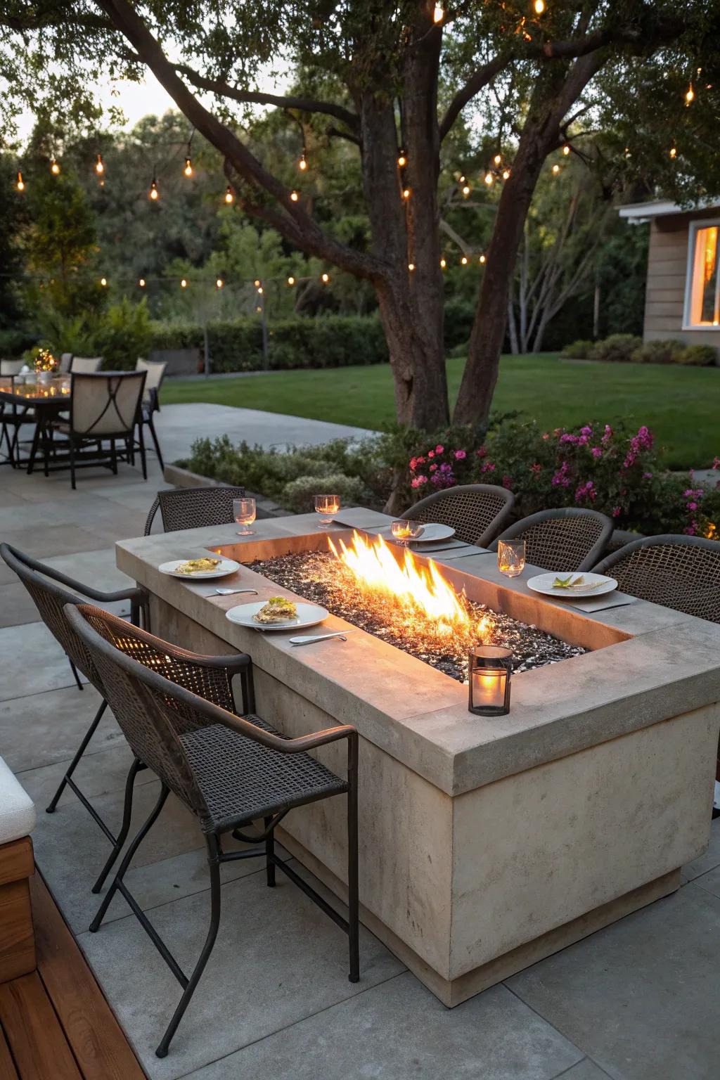A fire pit table centerpiece perfect for dining under the stars.