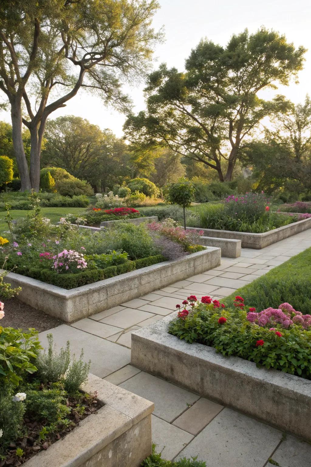 Concrete borders that elegantly frame garden beds.