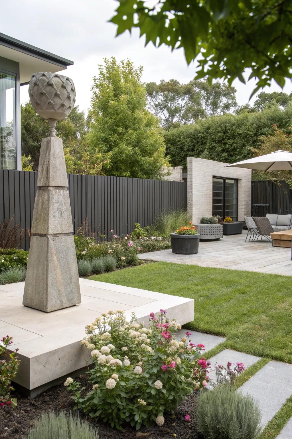 Concrete sculptures add artistic flair to a backyard.