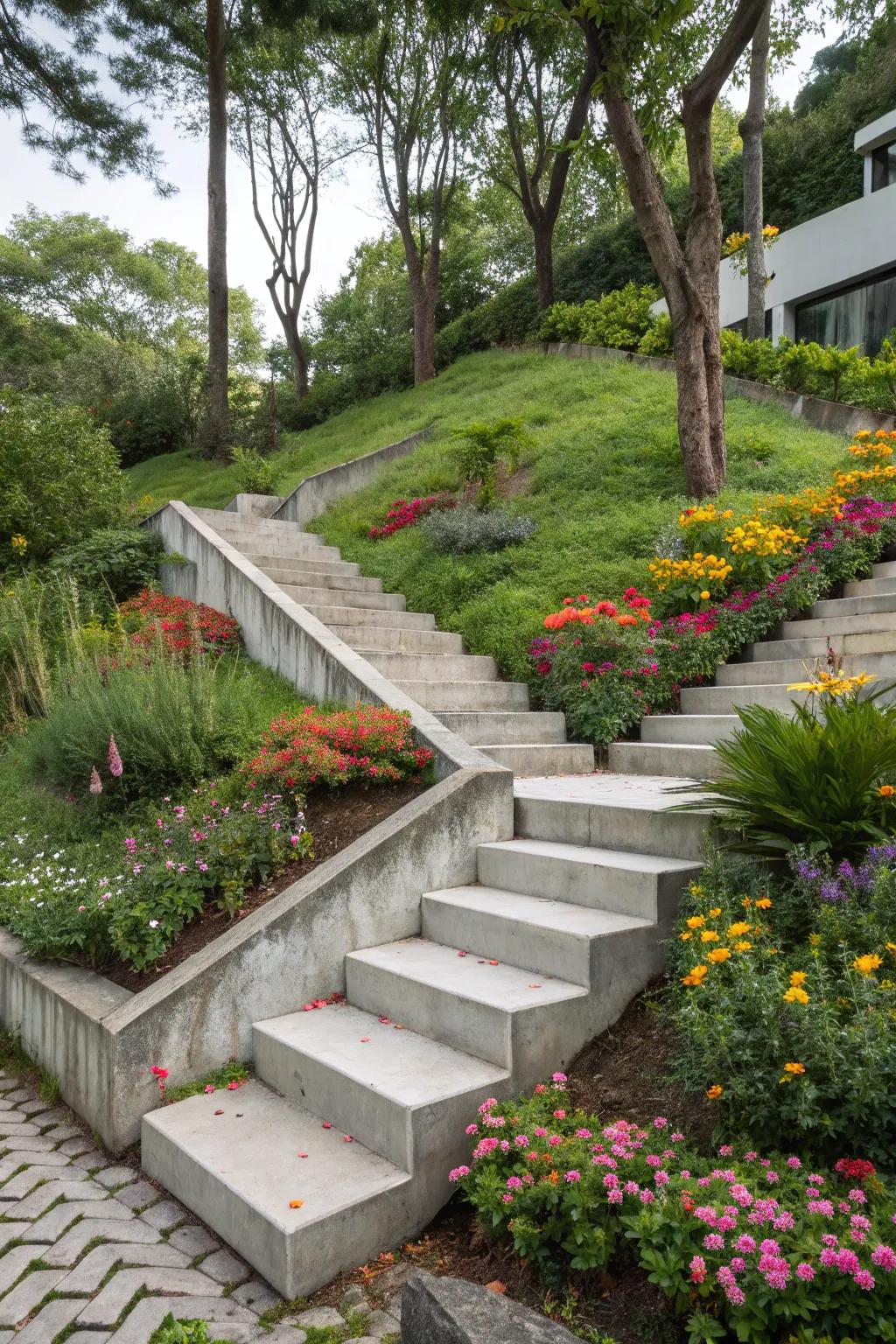 Playful zigzag designs bring whimsy to concrete stairs.
