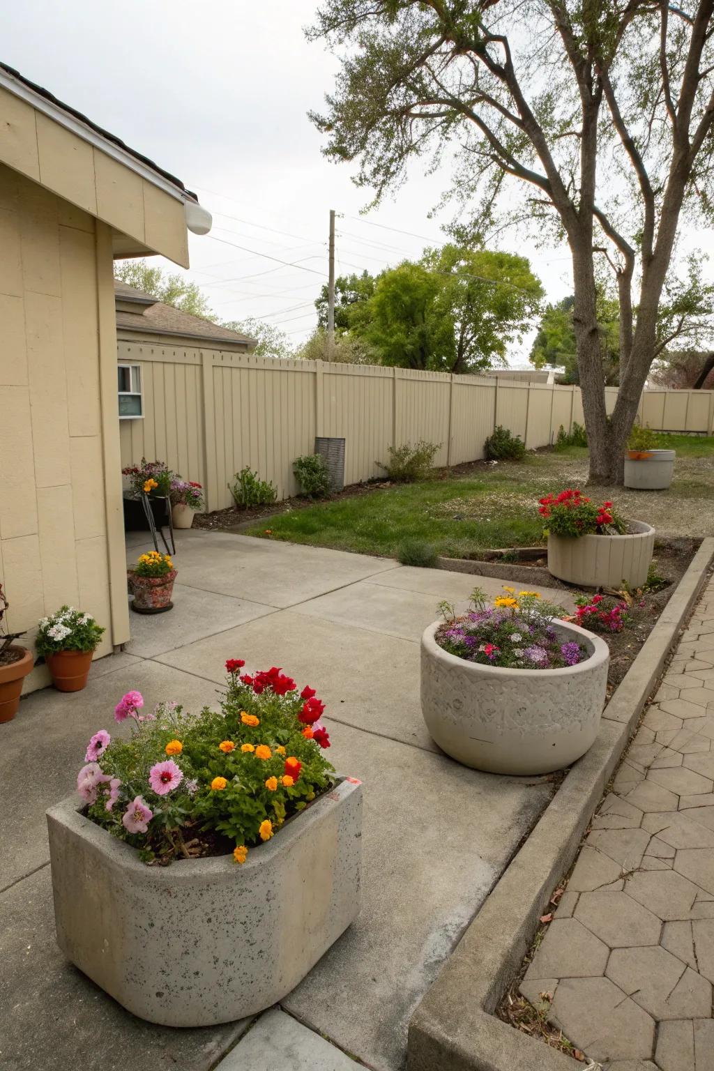 Concrete planters blend seamlessly with patio aesthetics.