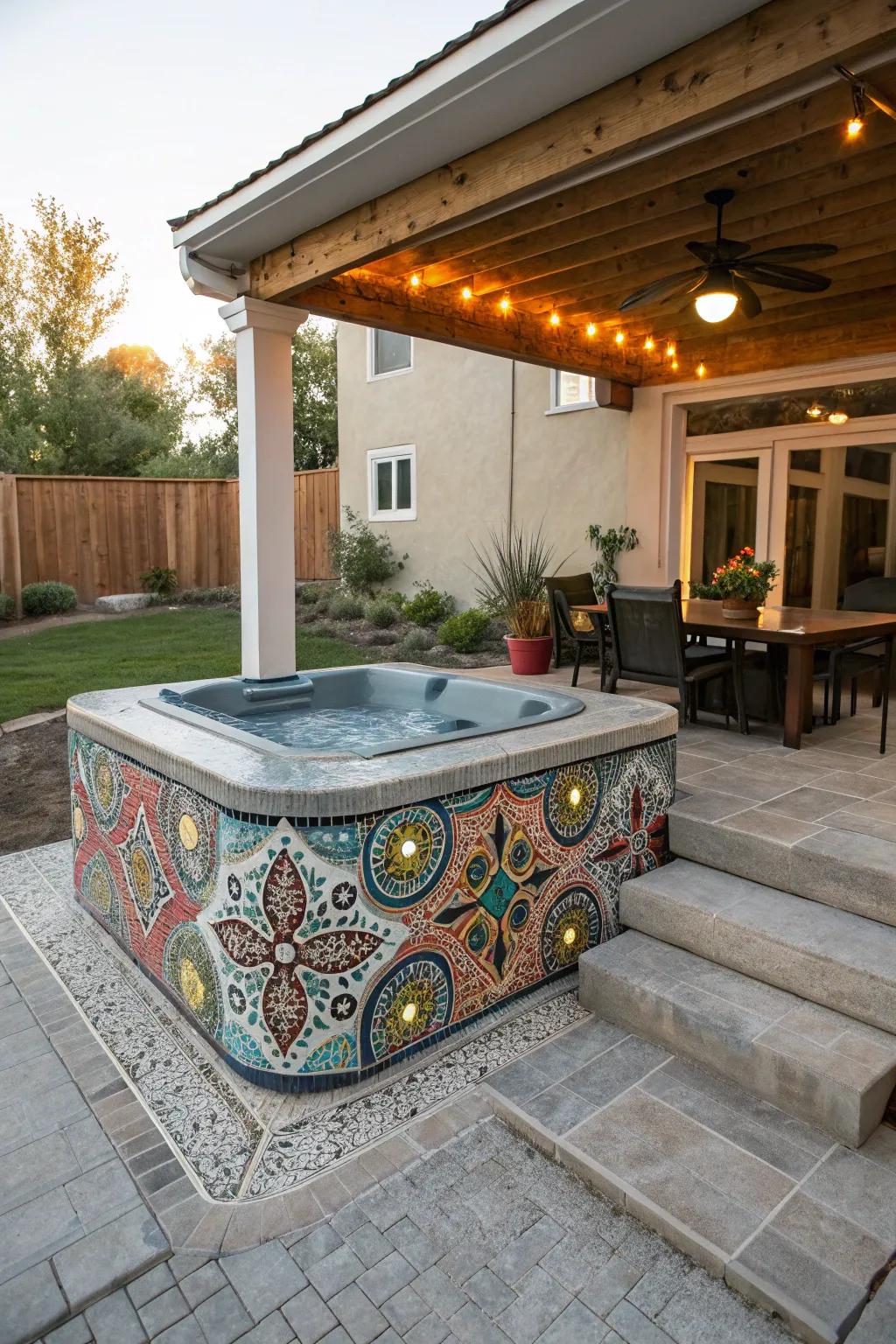 An artistic mosaic design adds a unique touch to a concrete patio with a hot tub.