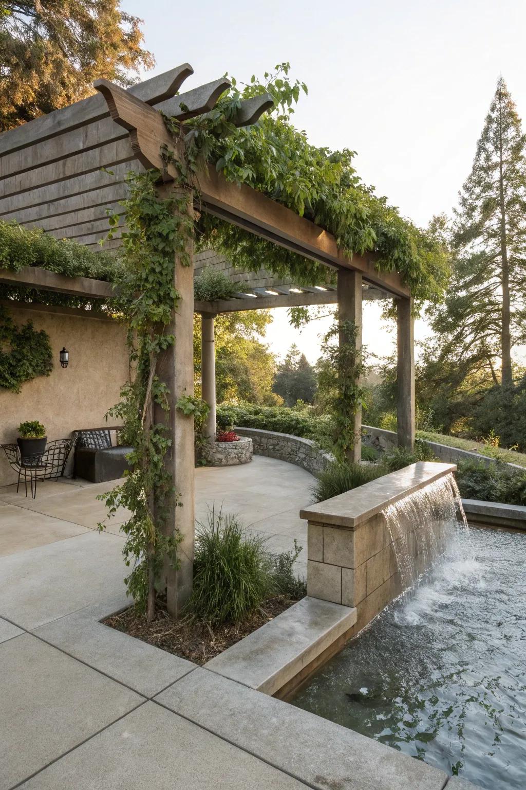 Enhance relaxation with a water feature near your pergola.