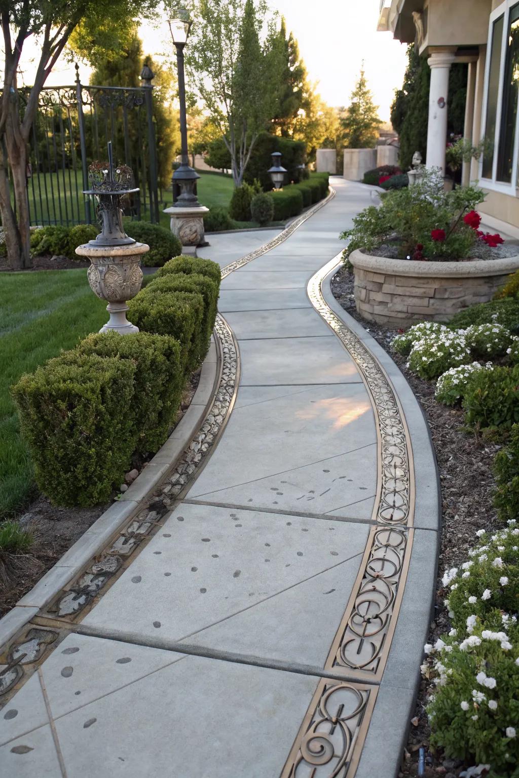 Elevate your garden style with metallic accents in concrete edging.