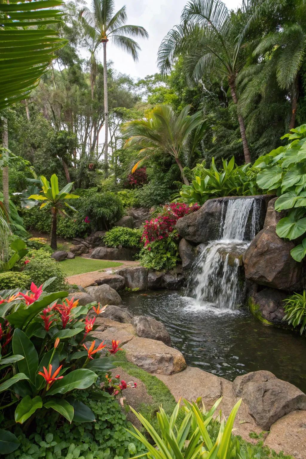 A tropical haven with a lushly surrounded waterfall.