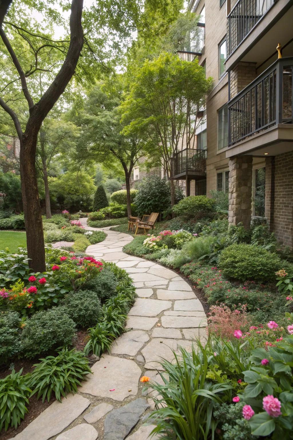 Natural stone pathways add elegance and guide the flow in a condo backyard.