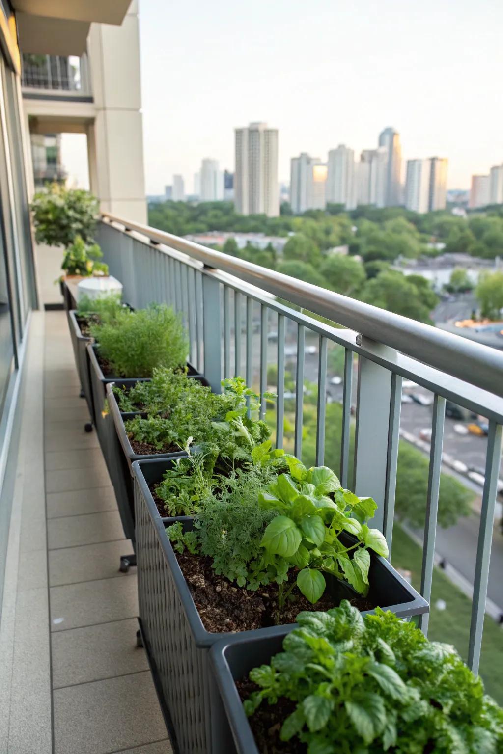 Grow your own herbs with railing planters on your balcony.