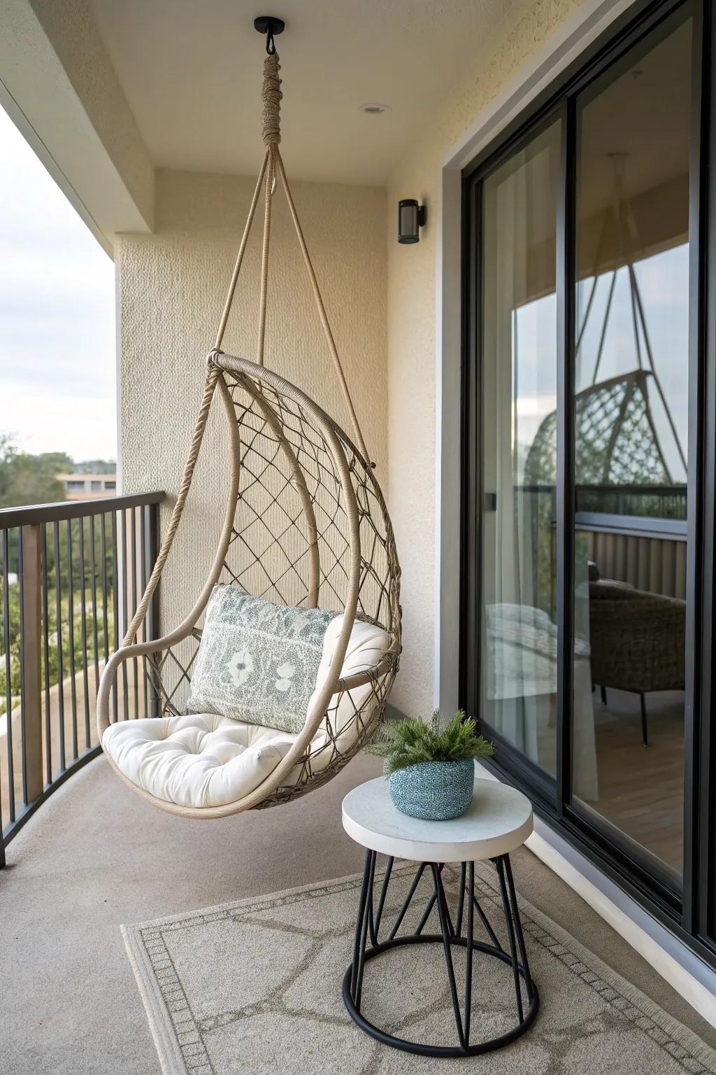A cozy hanging chair enhancing a condo patio's charm.