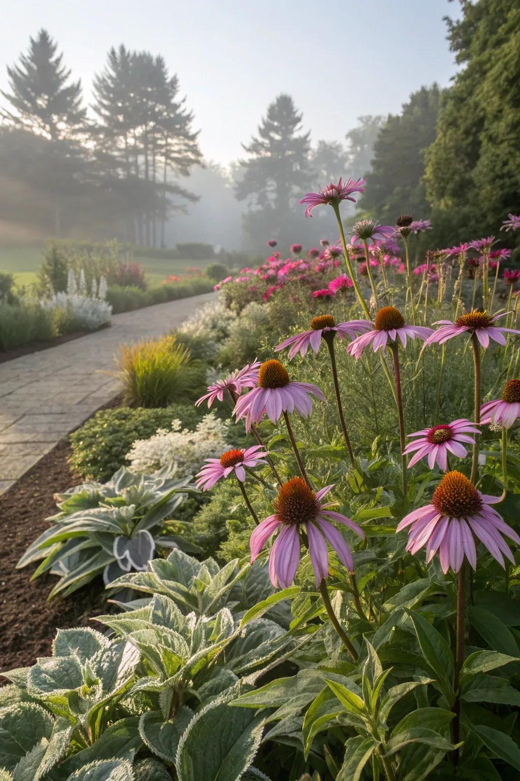 Coneflowers paired with striking foliage for contrast.