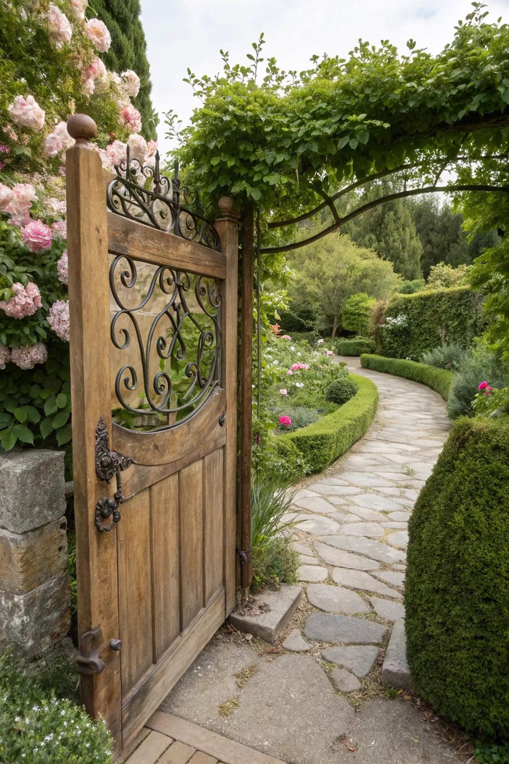 Wrought iron accents add vintage charm and elegance.