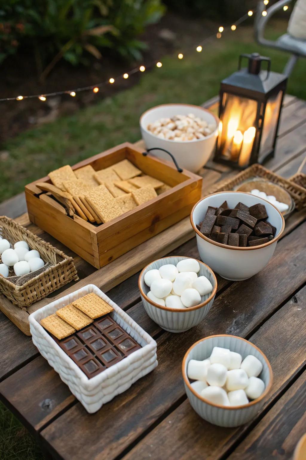 A DIY s'mores station adds a sweet ending to the cookout.