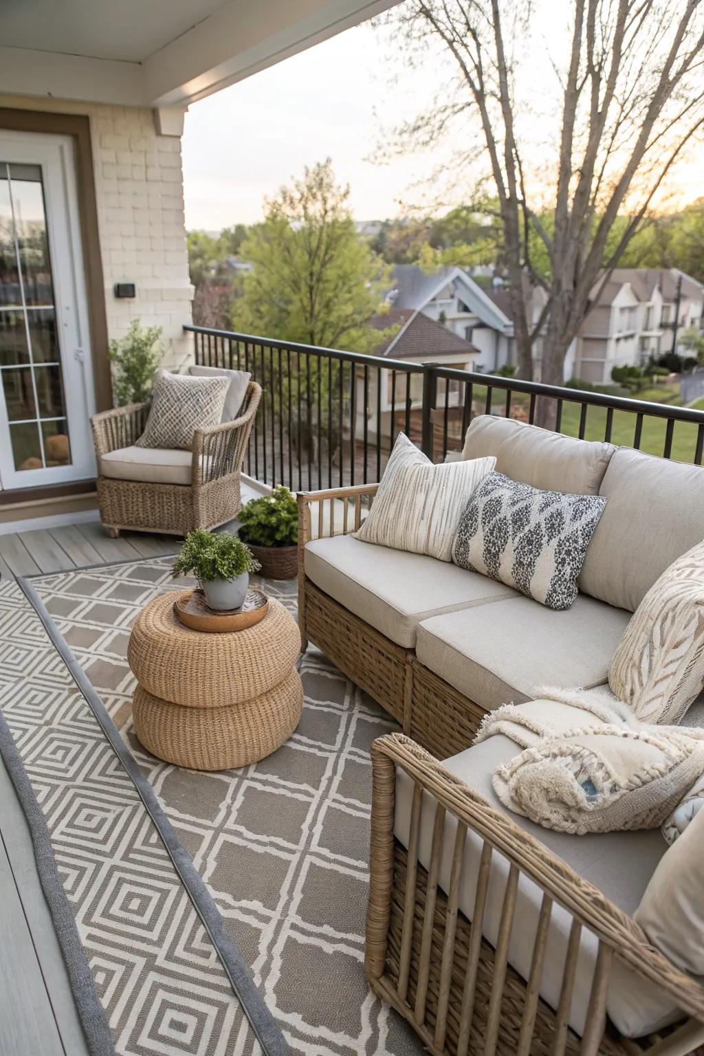Use outdoor rugs to define spaces and add comfort.