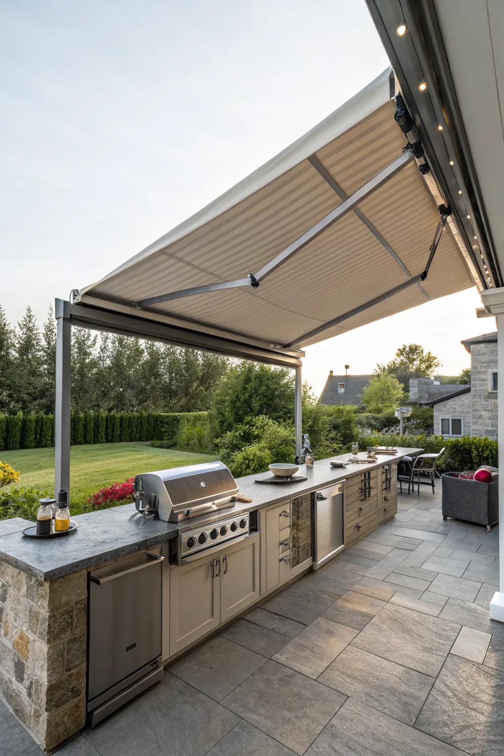 A versatile retractable awning for sun and rain protection