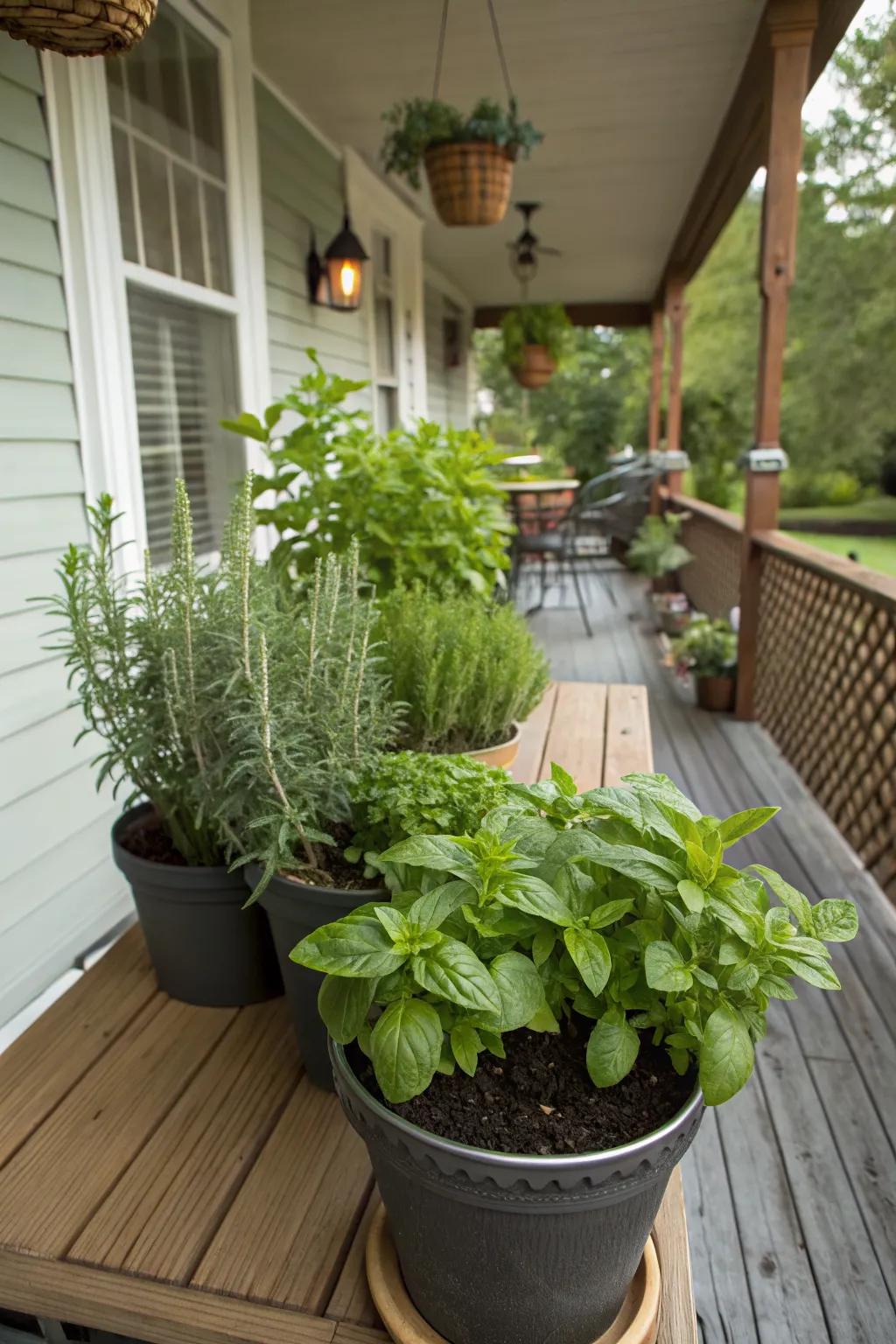 Enjoy fresh flavors with a mini herb garden on your porch.