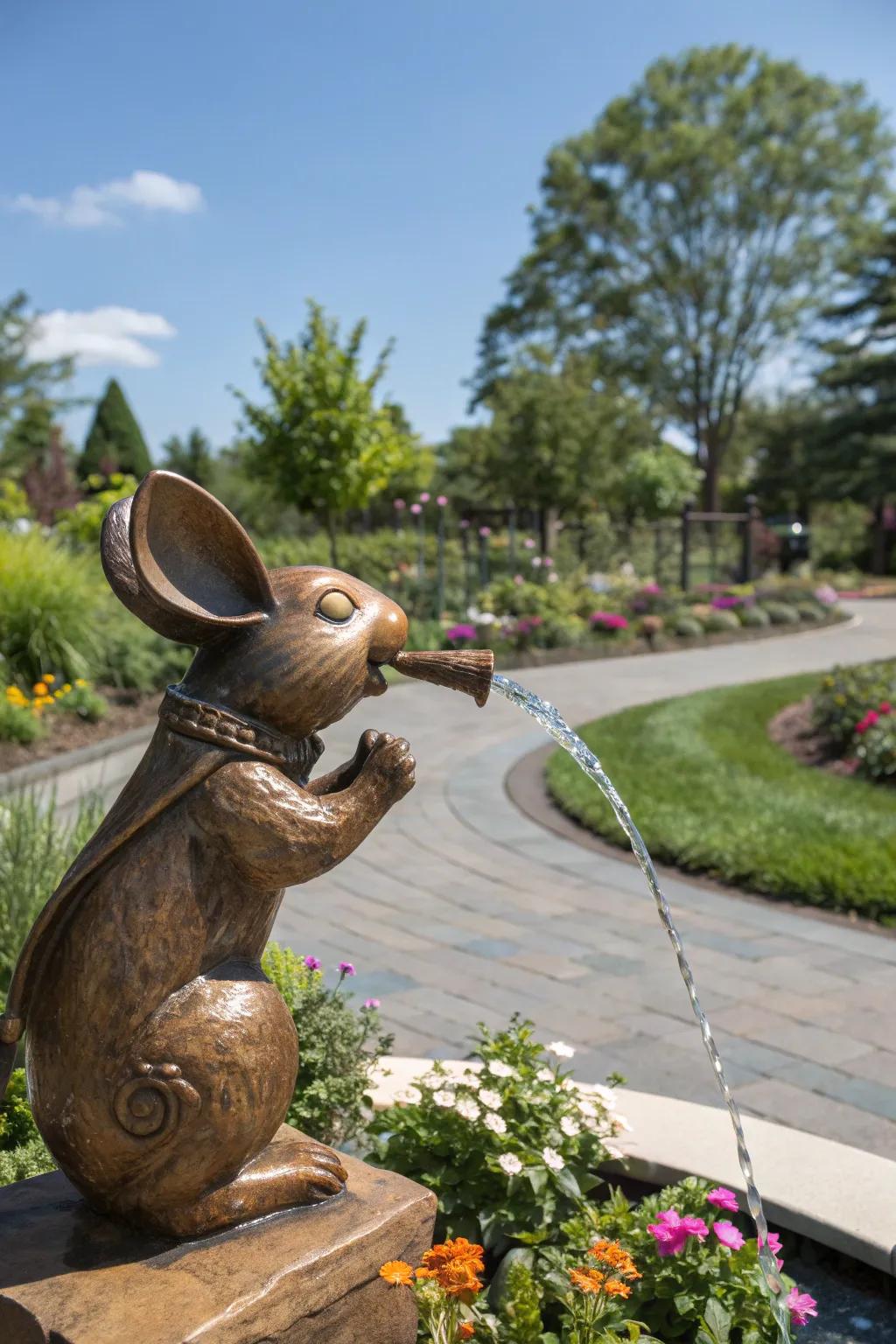 A whimsical copper creature adding charm to a garden fountain.