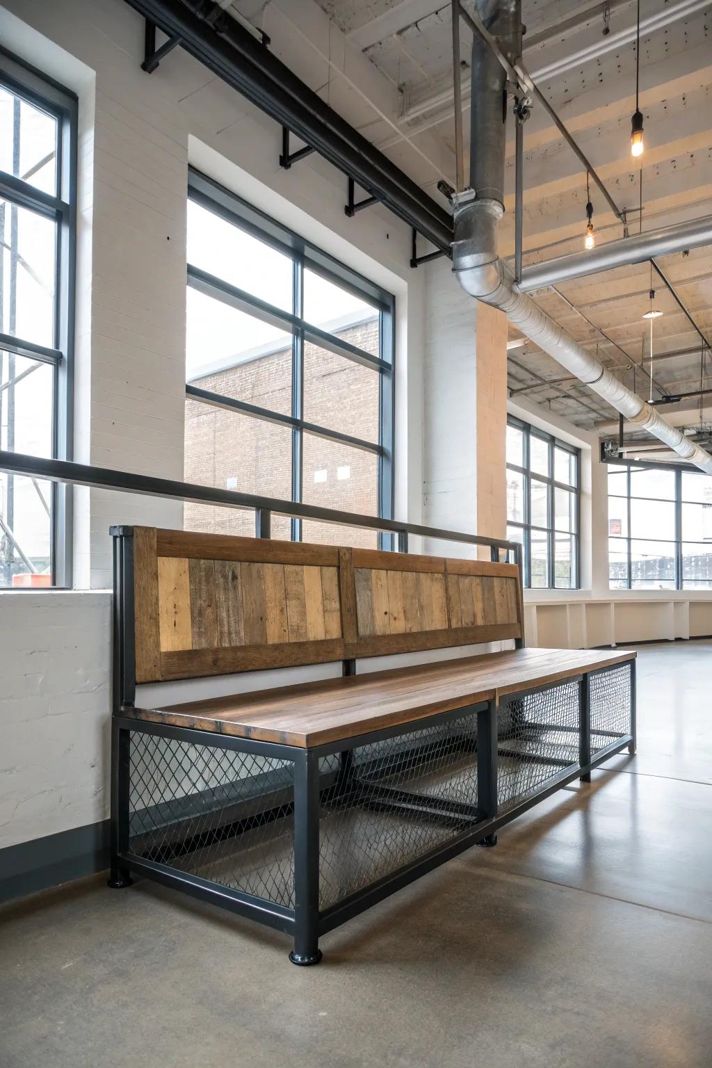 An industrial chic corner bench adding edge to a modern loft space.