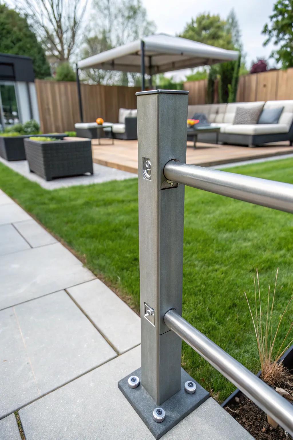 Metal pipes bring a sleek, industrial vibe to fence corners.