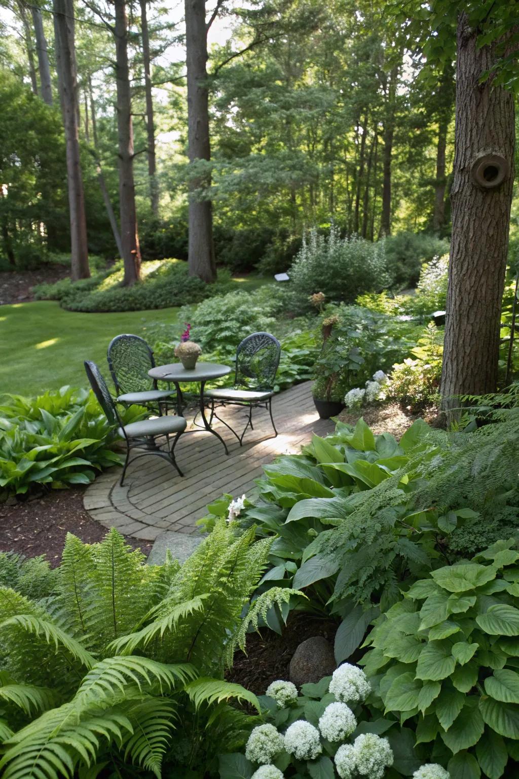 A shady retreat offers a cool escape in this corner garden.
