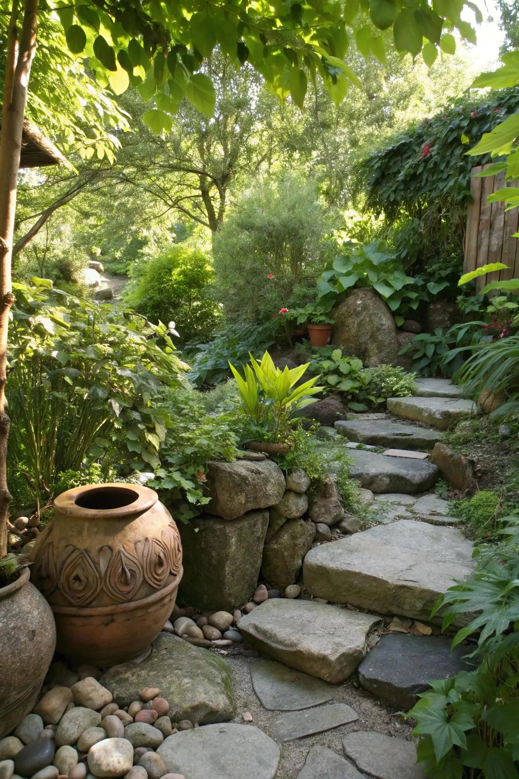 Pottery adds a creative touch to rock gardens.