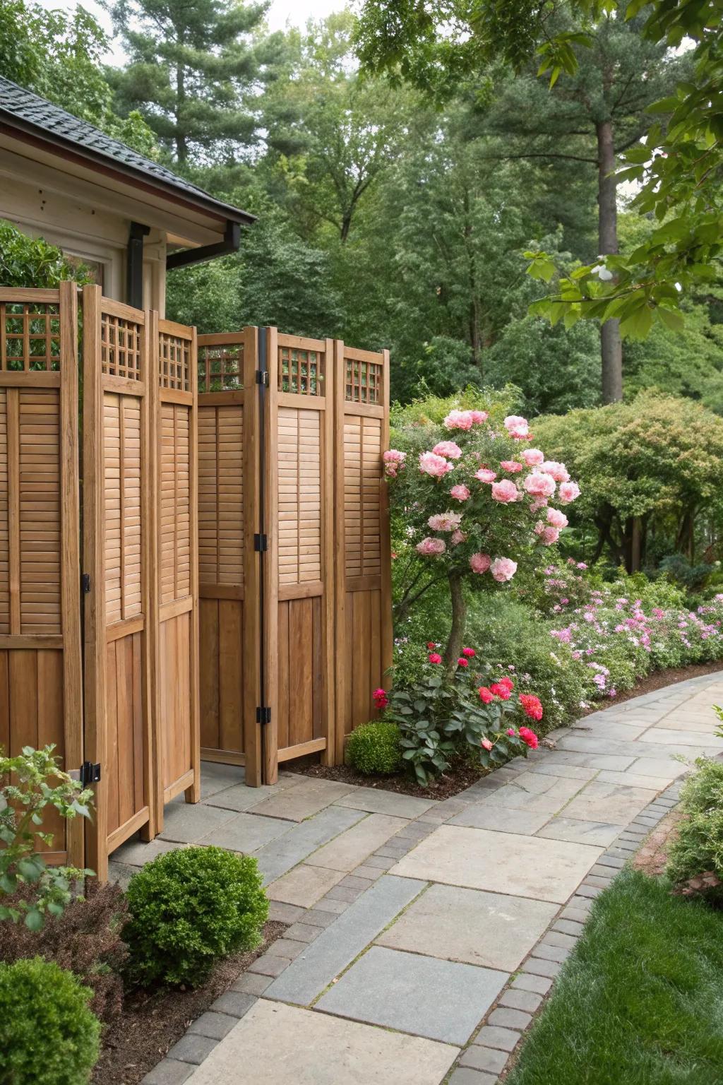Accordion wood panels provide adjustable privacy and style.