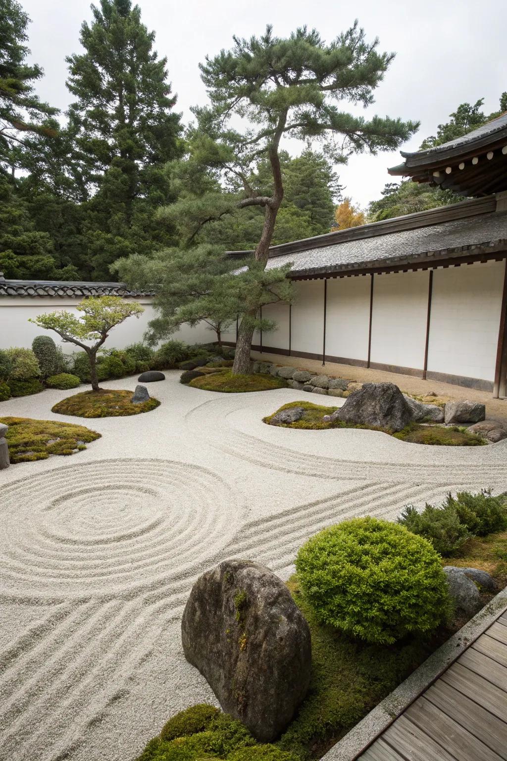 A serene Japanese zen garden creating a tranquil retreat on a corner lot.