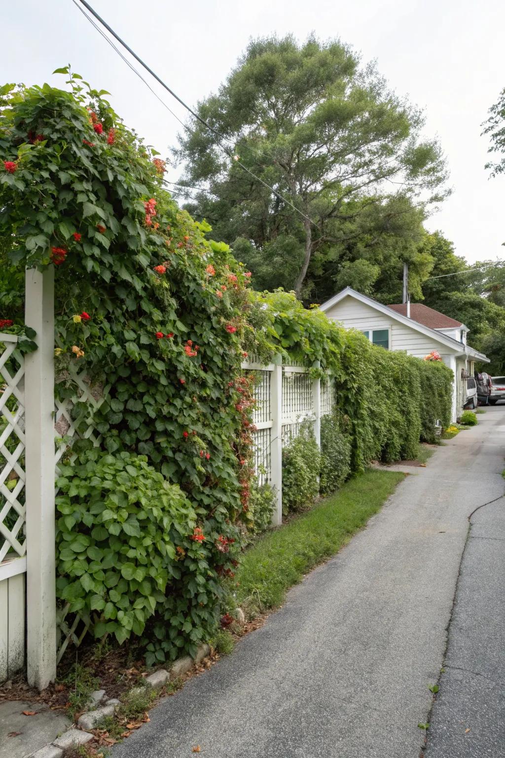 Trellises with climbing plants add vertical privacy.