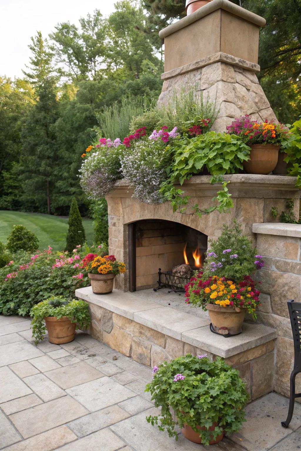 A corner fireplace with built-in planters for a green touch.