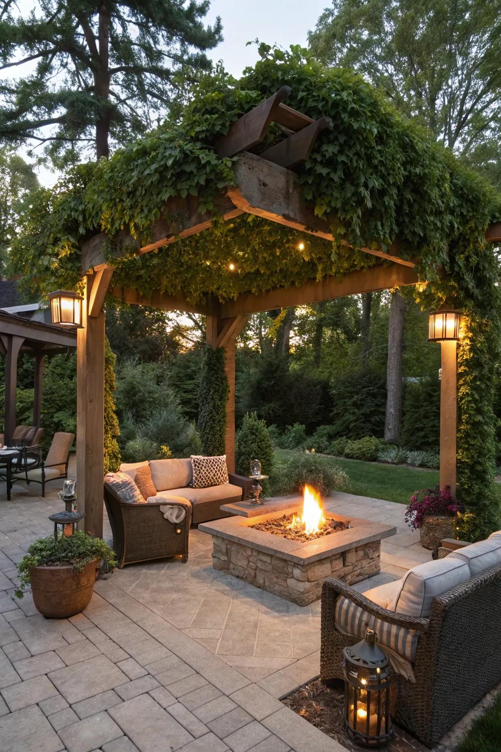 A fire pit adds warmth and ambiance to any pergola setting.