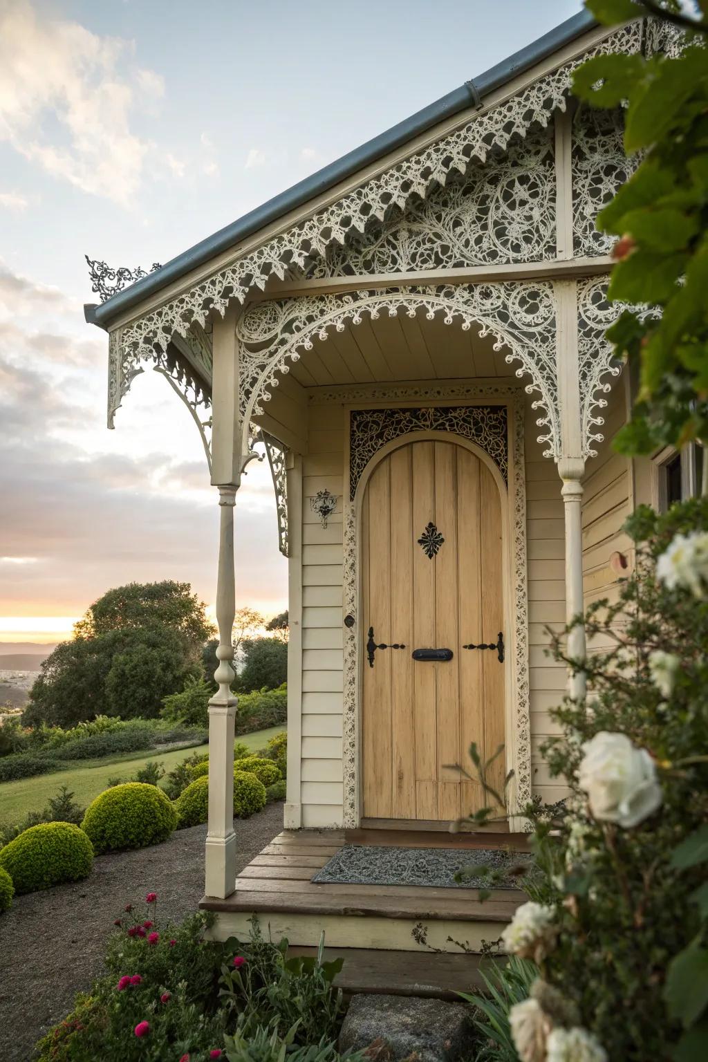 Intricate decorative trim enhances this cottage door.