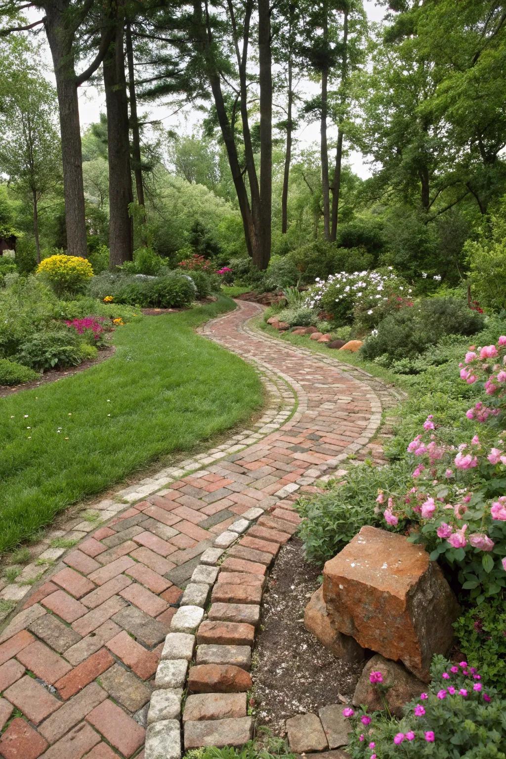 Recycled materials create a sustainable and character-rich garden path.