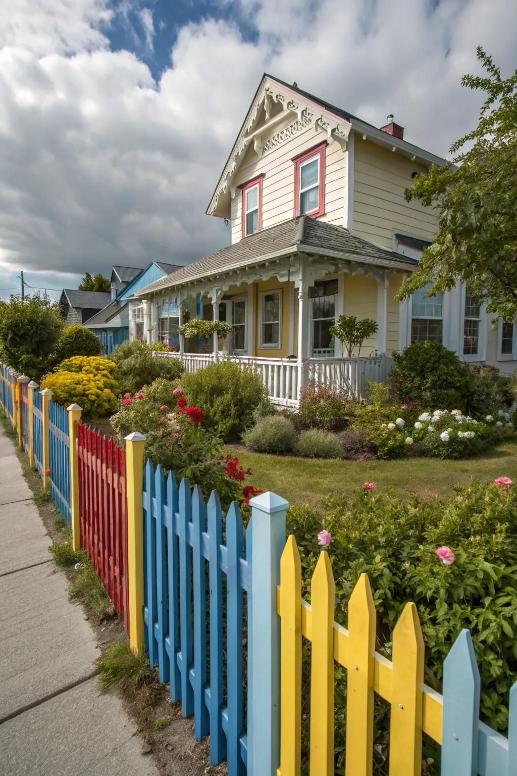 A colorful picket fence framing a cottage-style garden.