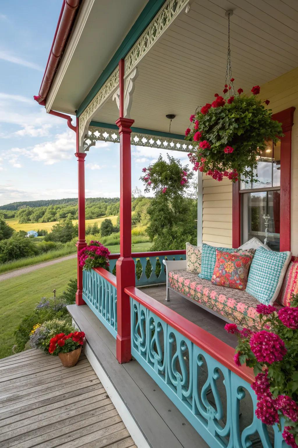 Bold colors create a striking and lively porch atmosphere.