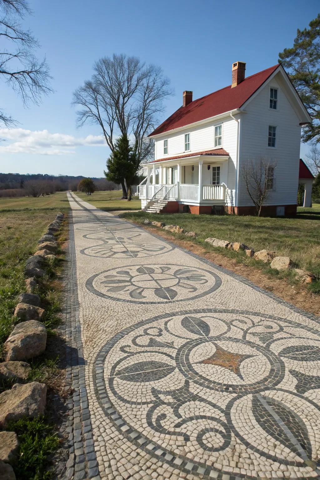 An artistic stone mosaic driveway, showcasing a unique design and personal touch.