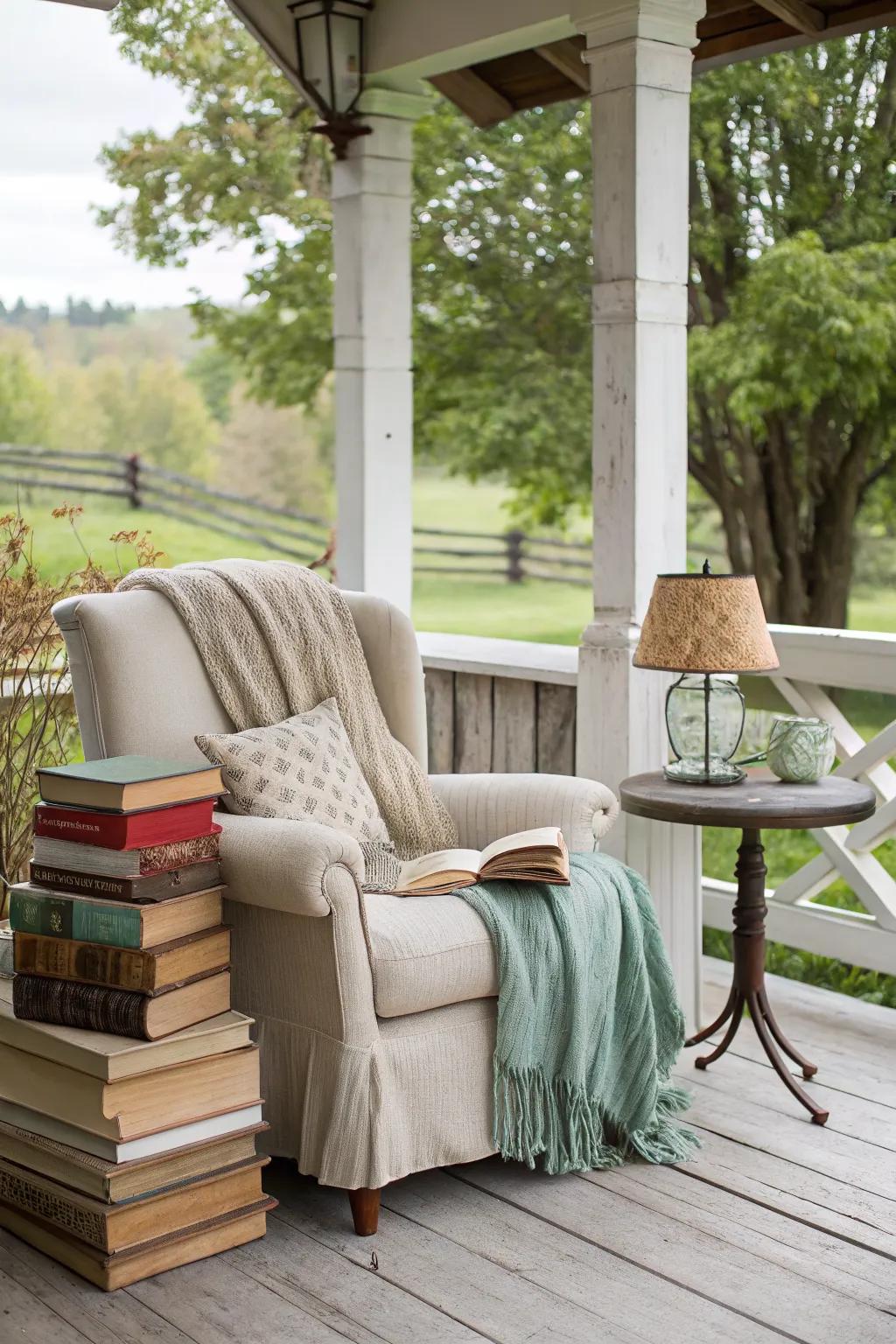 A reading nook offers a quiet escape on the porch.