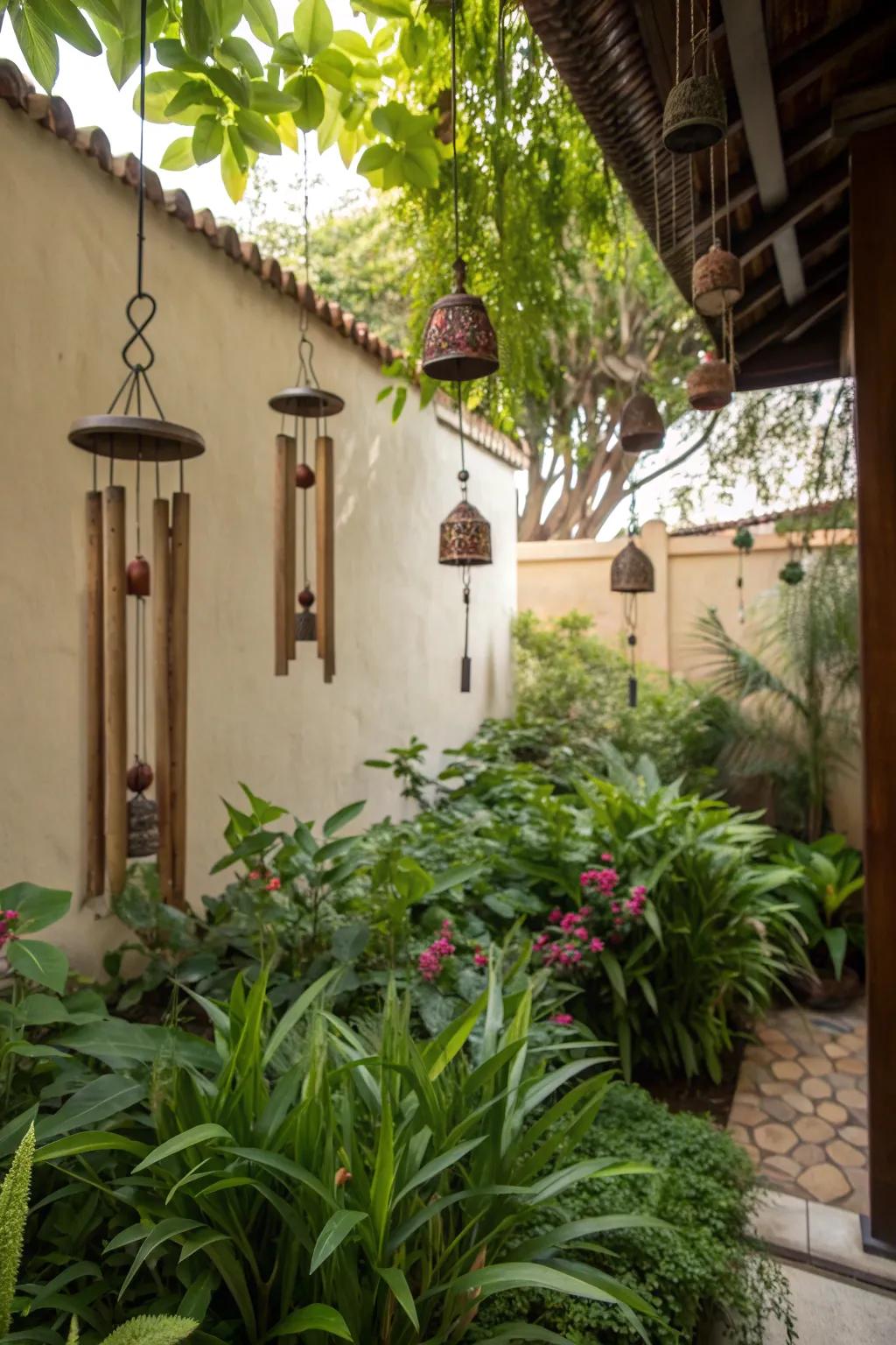 Wind chimes adding a soothing auditory element to the courtyard.