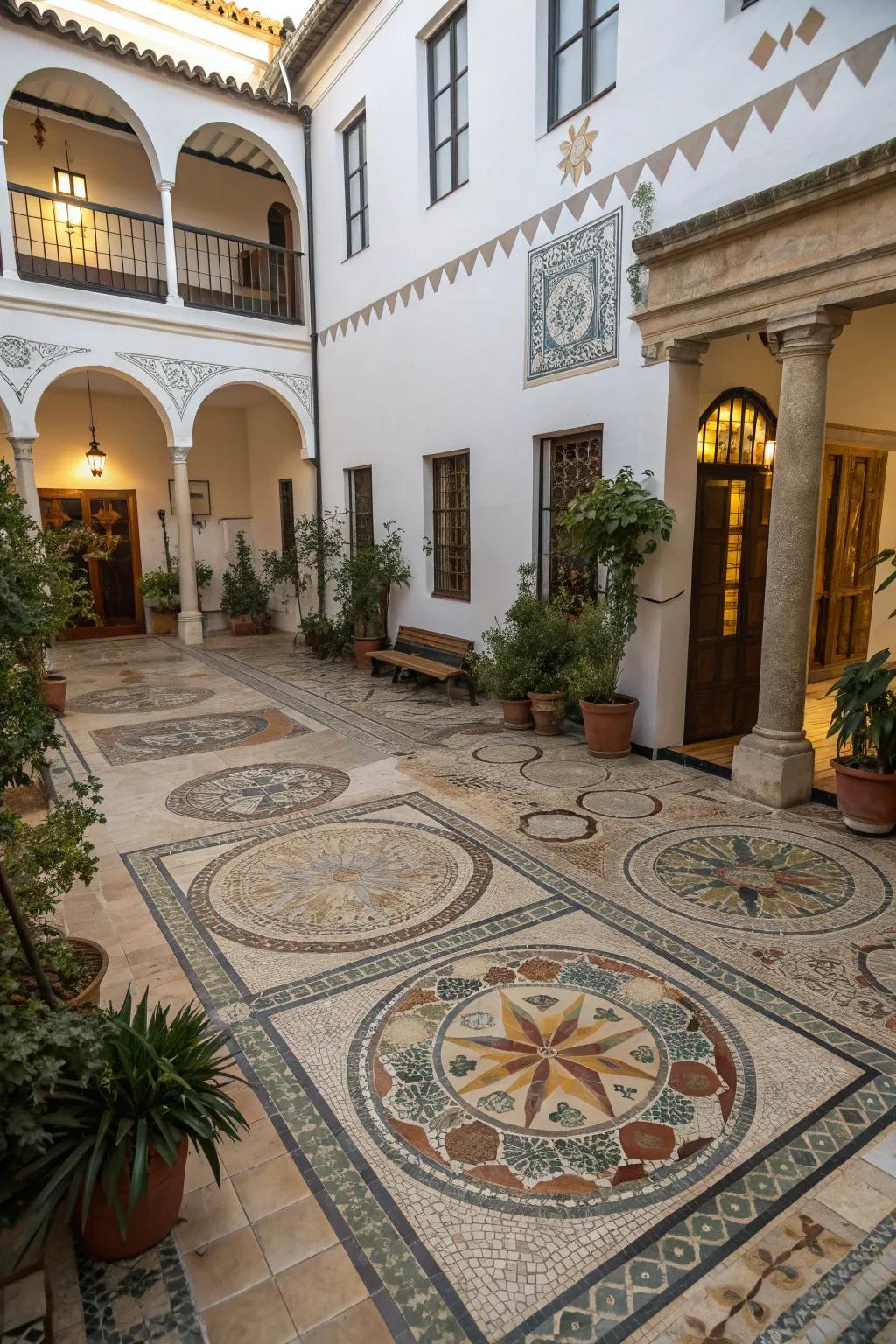 A courtyard adorned with captivating mosaic paving.