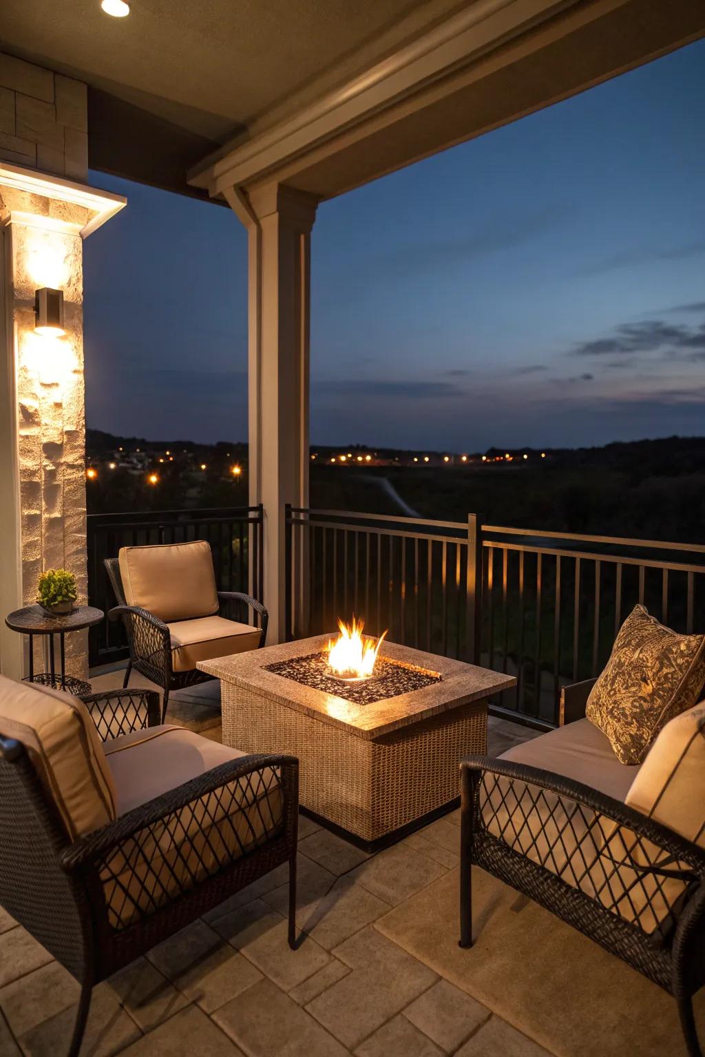 A fire pit table creates a warm and inviting gathering spot.