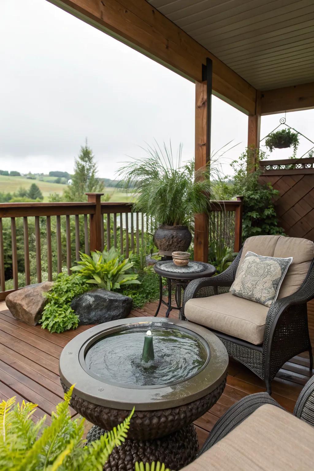 A water feature adds tranquility and a soothing sound to the deck.
