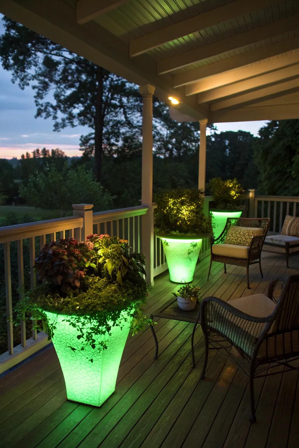 Lighted planters enhance and illuminate green spaces on a covered deck.