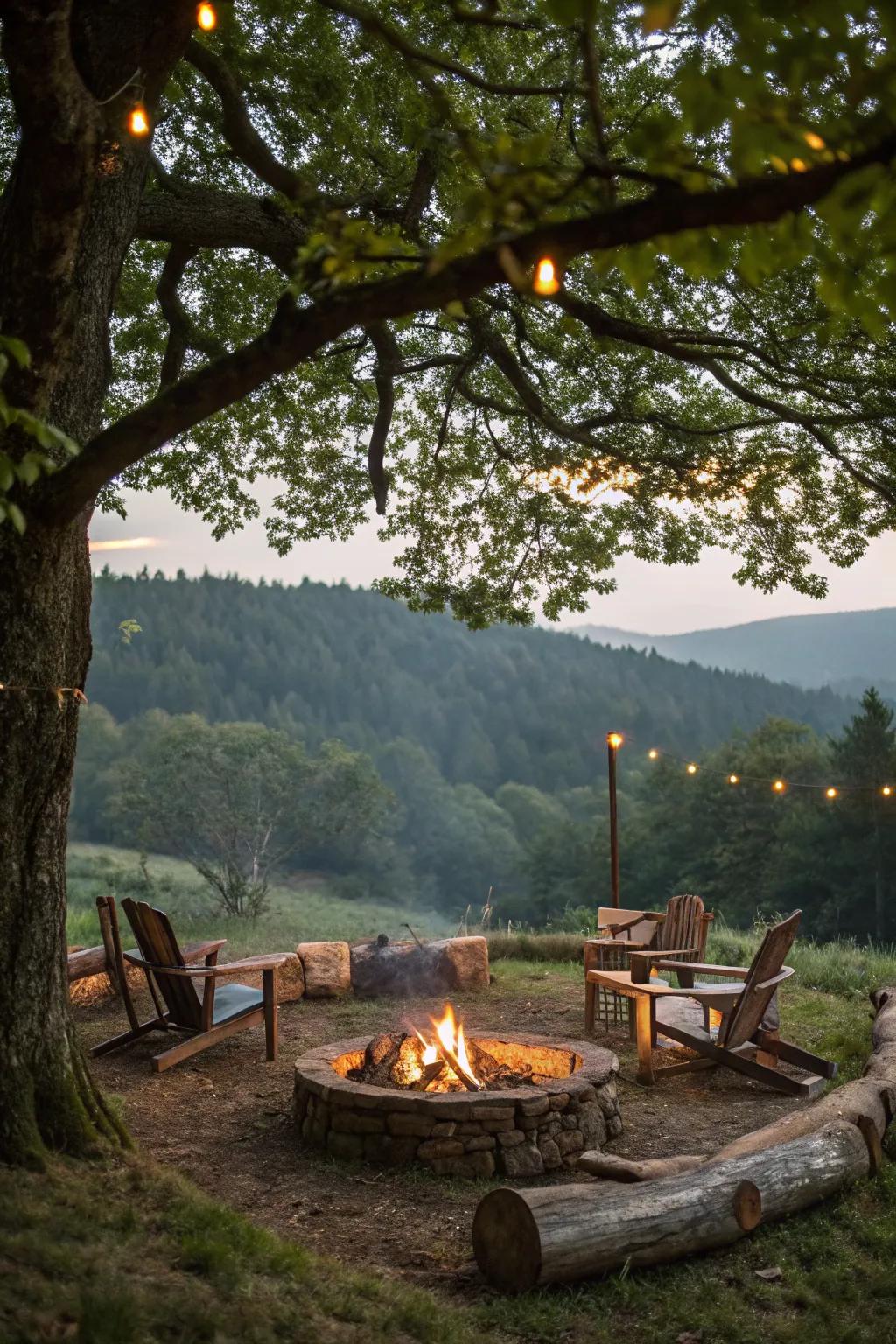 A tree canopy provides natural shelter and serenity for your fire pit.