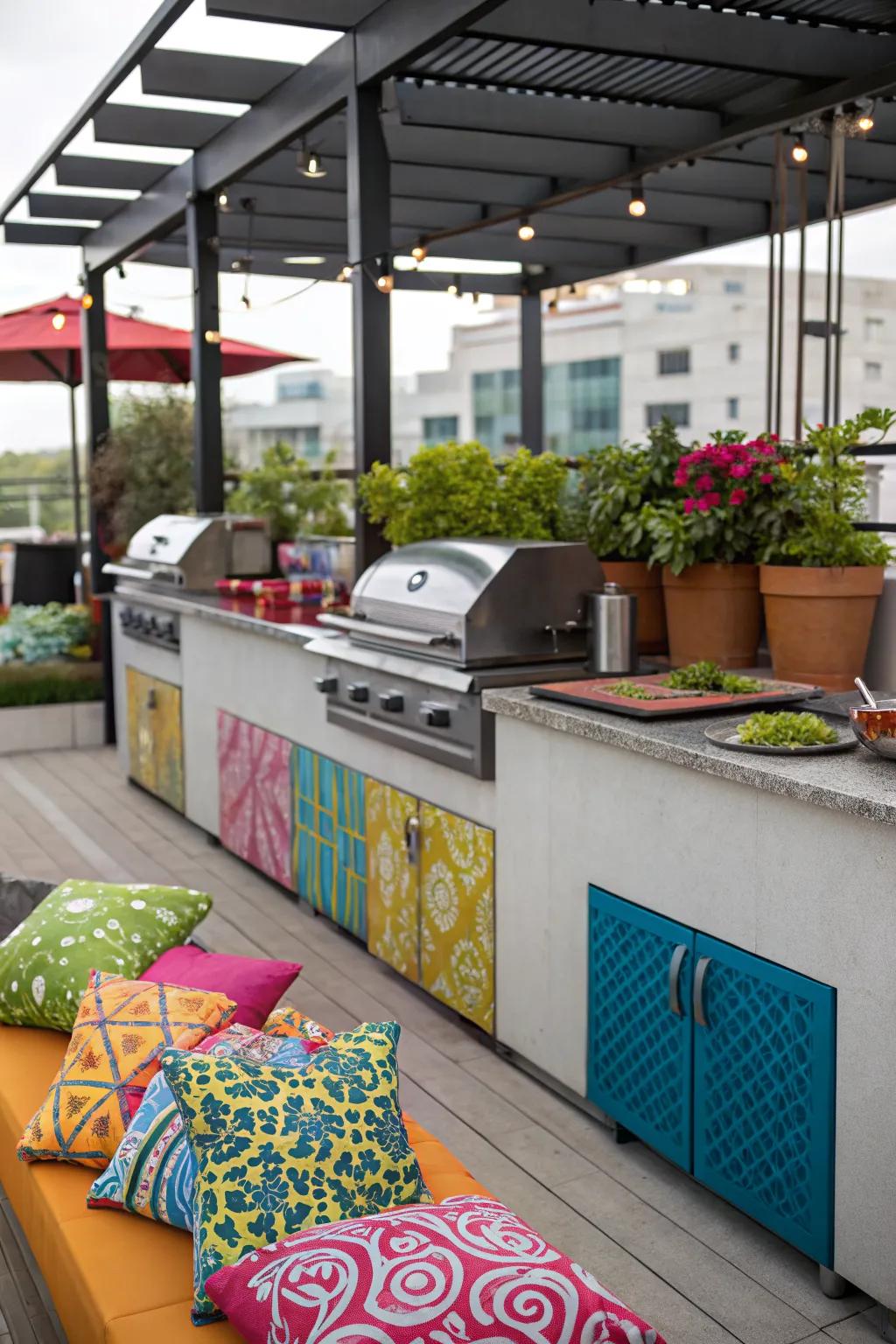 Bright cushions and planters add a cheerful touch to this grilling station.
