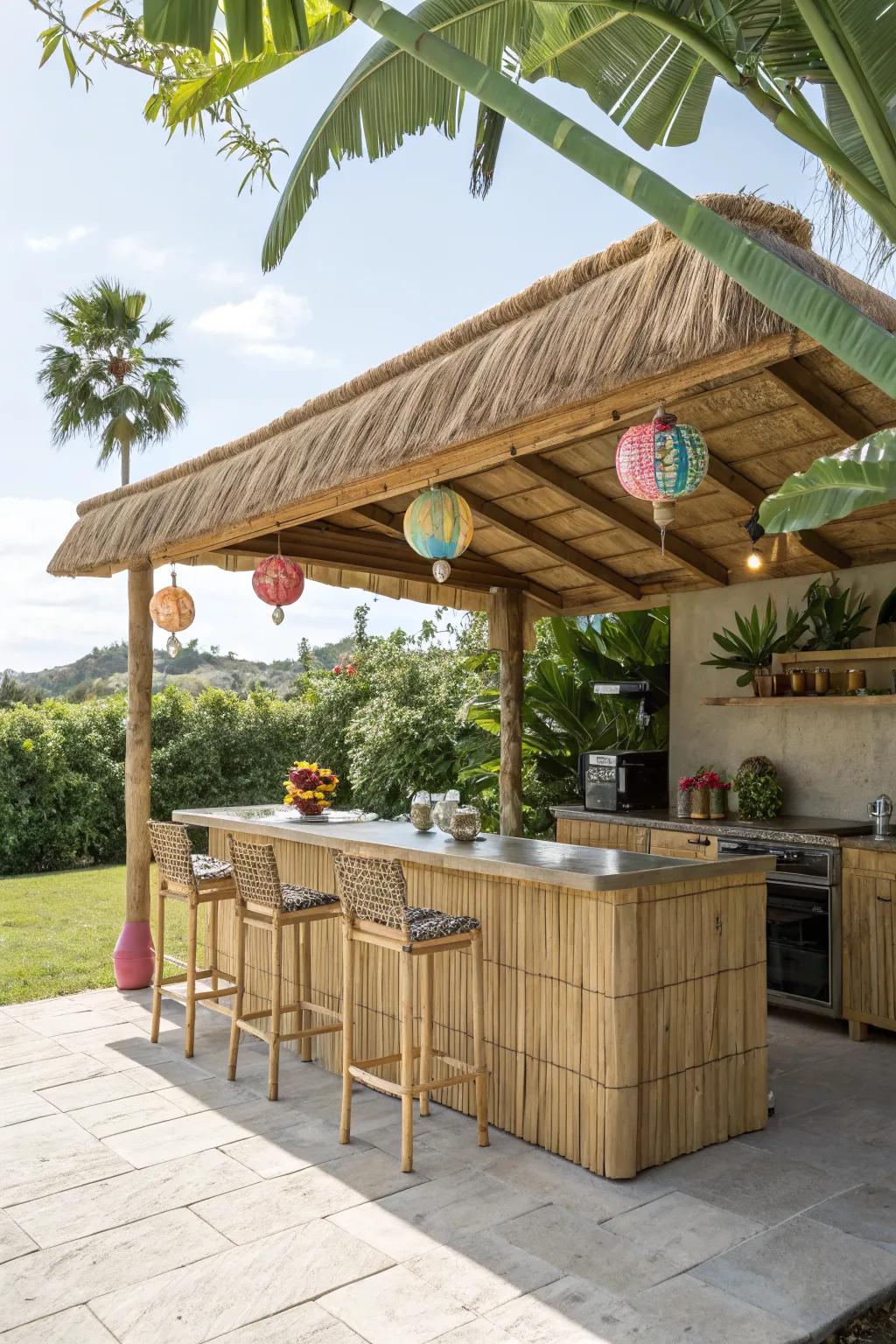 A tiki bar theme adds a tropical vibe to your outdoor kitchen.