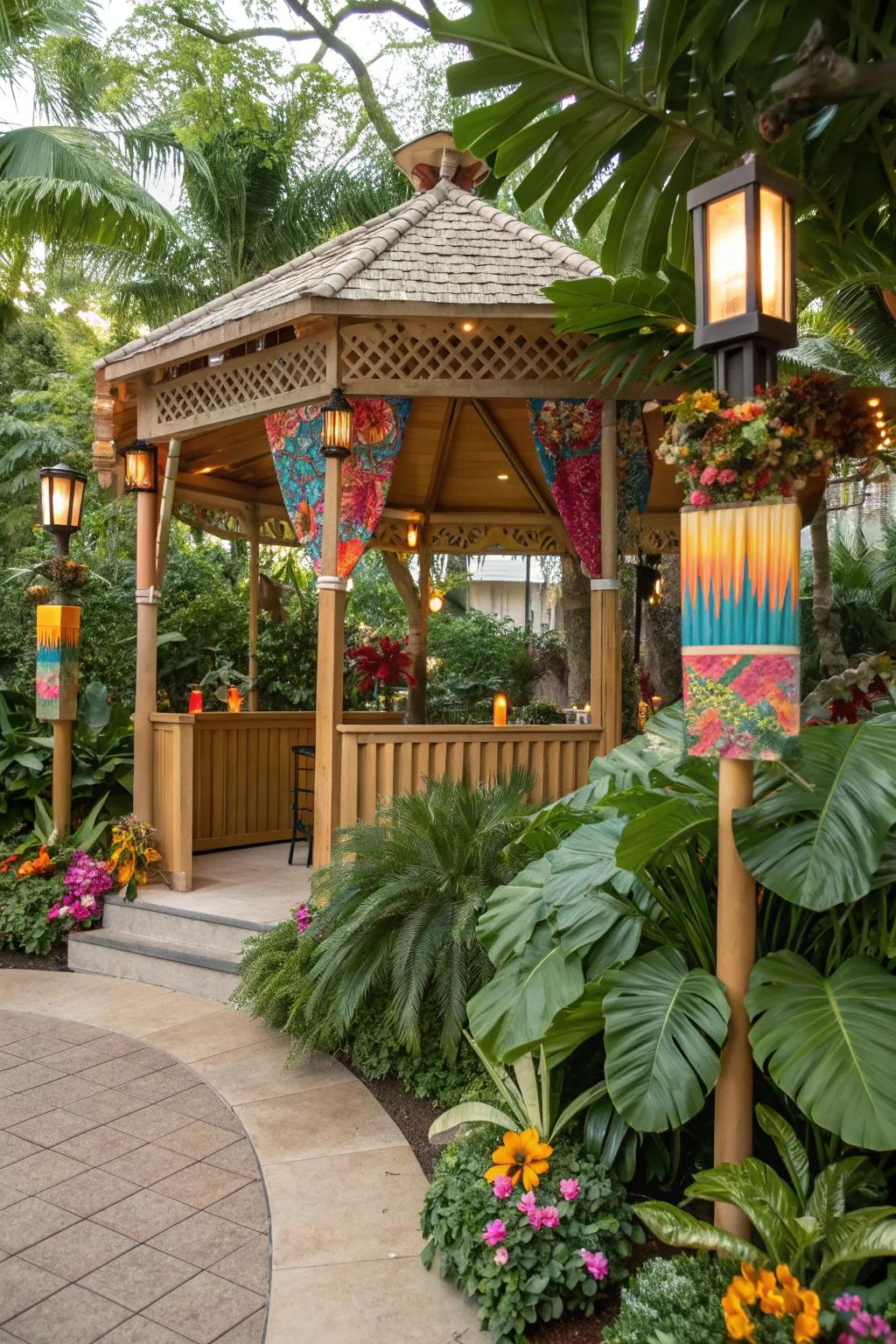 Create a tropical getaway with vibrant decor in your pavilion.