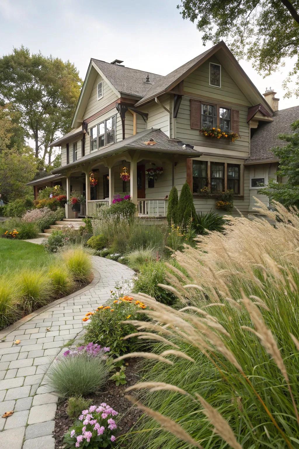 Ornamental grasses add elegance and movement to the garden of this craftsman house.
