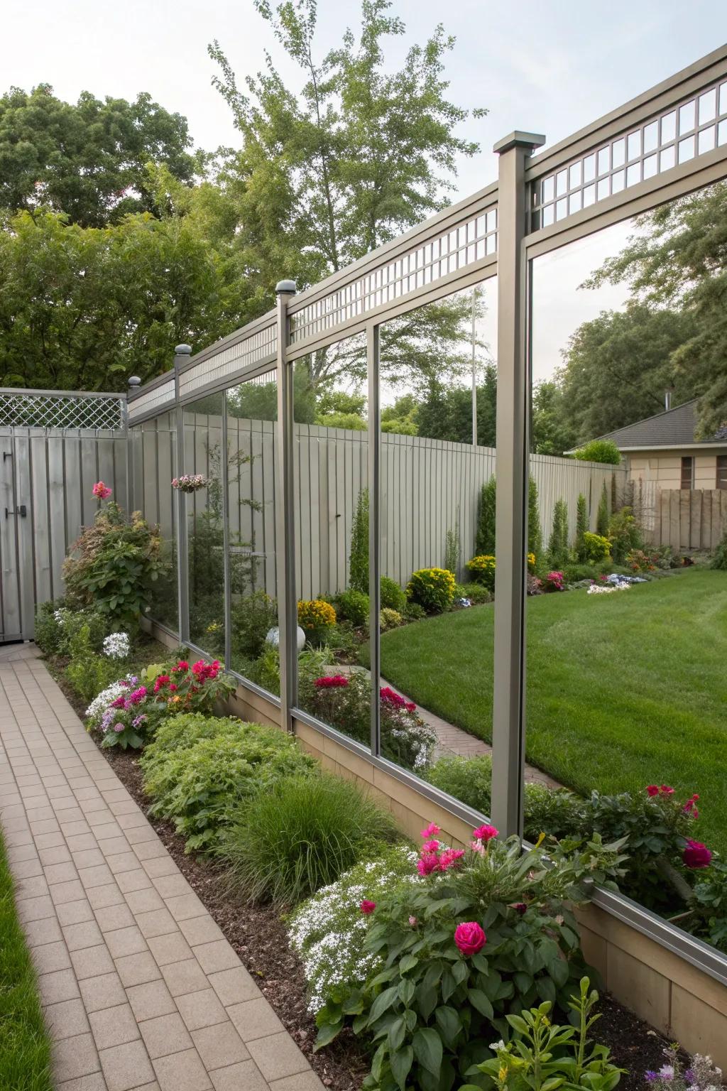 A fence with mirrored panels enhancing the garden's openness.