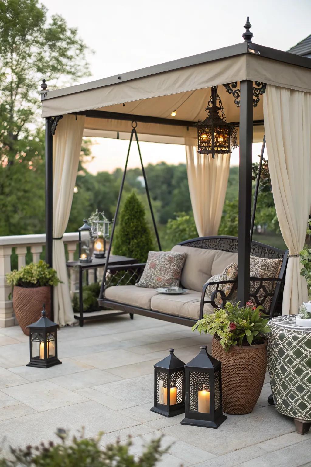 Canopy swings offer shade and sophistication to outdoor areas.