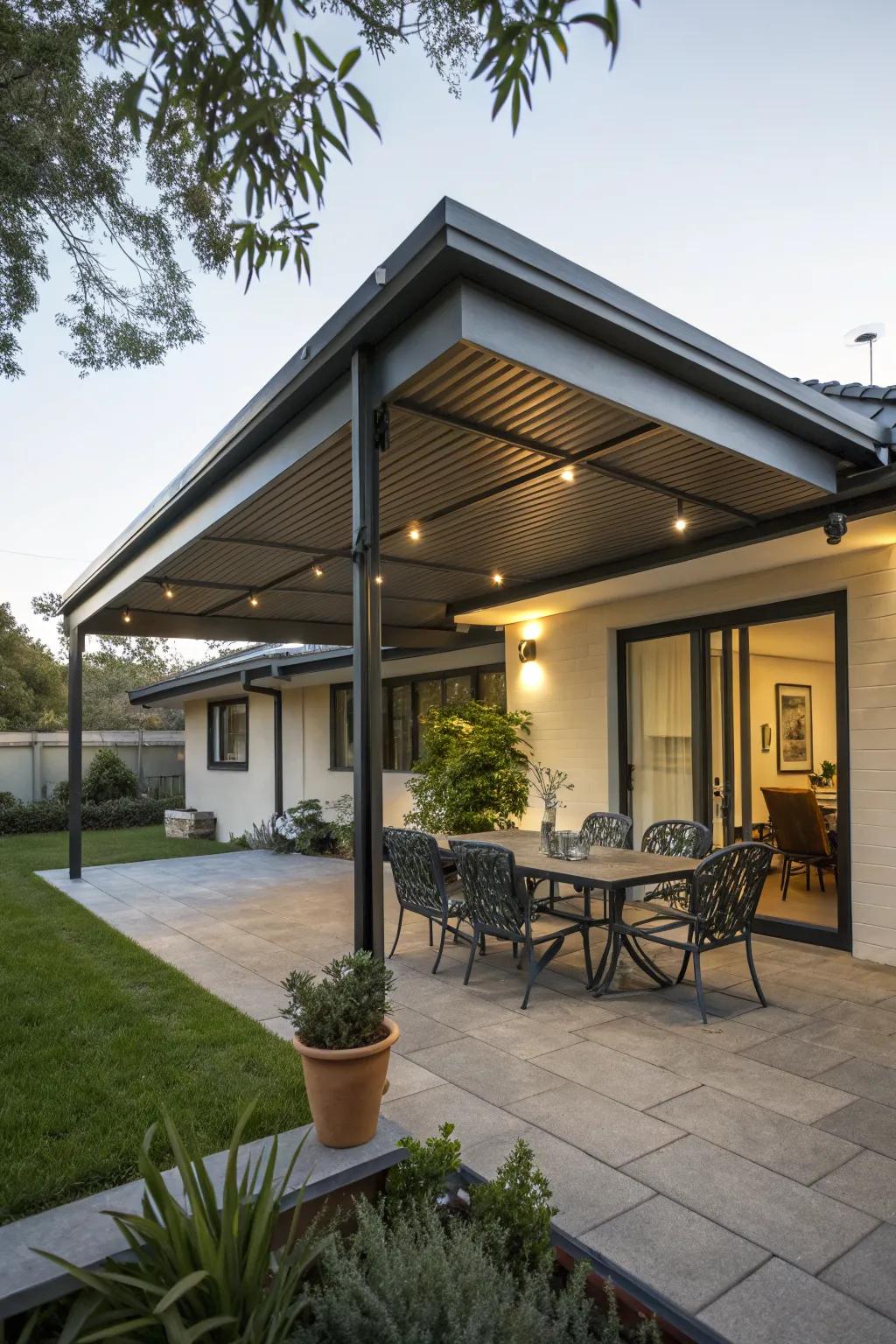 Roof overhangs provide integrated and permanent shade.