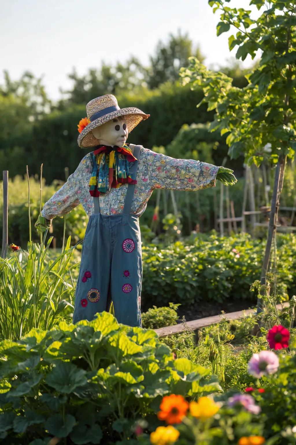 A glamorous gardener scarecrow with a touch of style.