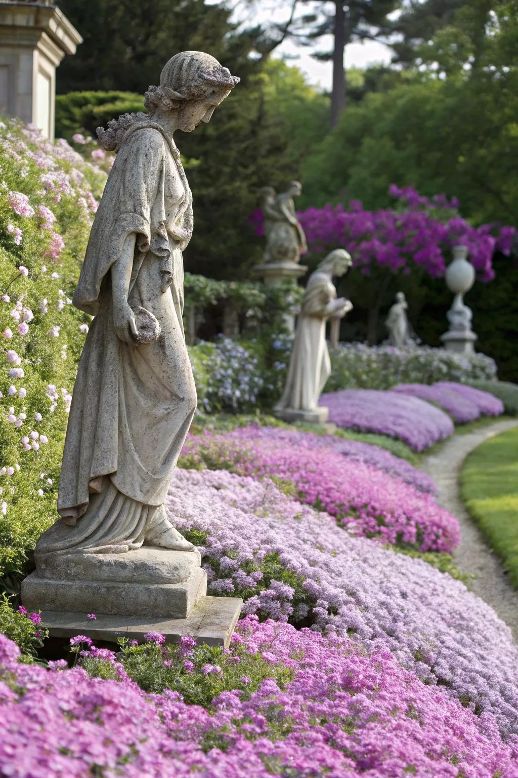 Creeping phlox framing a garden statue beautifully.